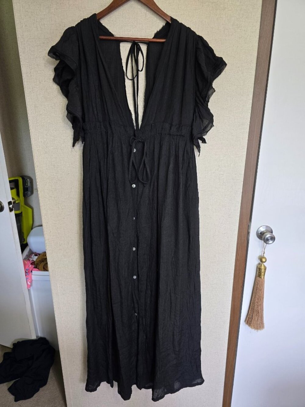 Peach Love Black Small Flowy Maxi Dress Plunging Neckline Flutter Sleeves